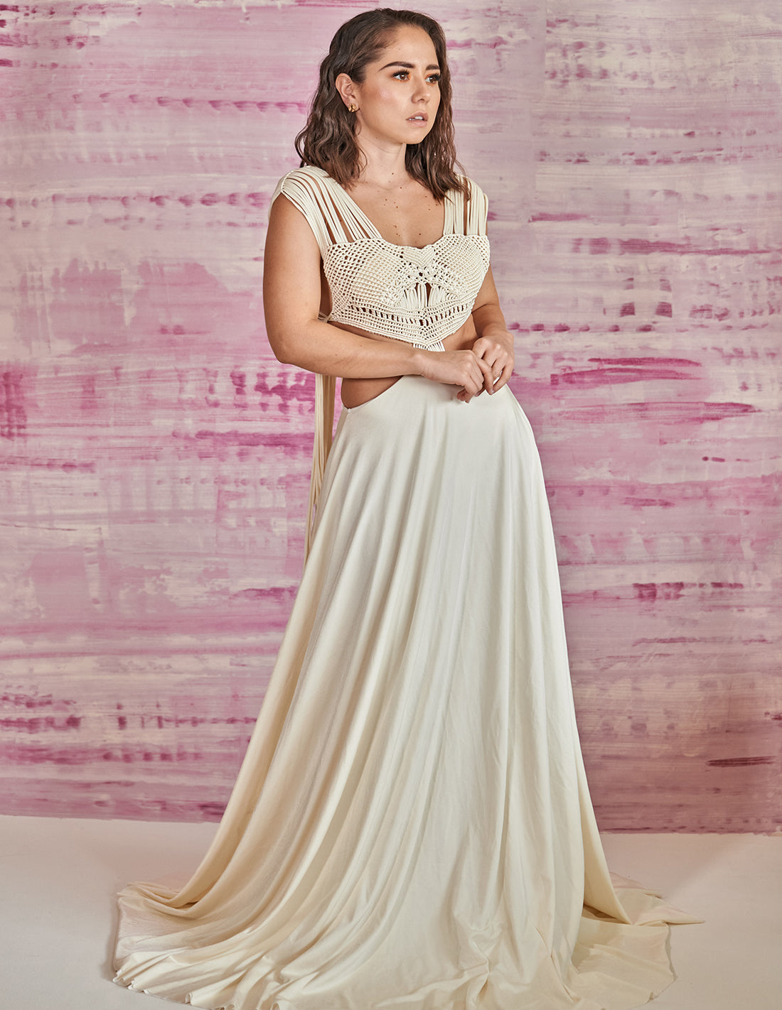 Afelio Dress Ivory. Dress With Hand Woven Macramé In Ivory. Entreaguas