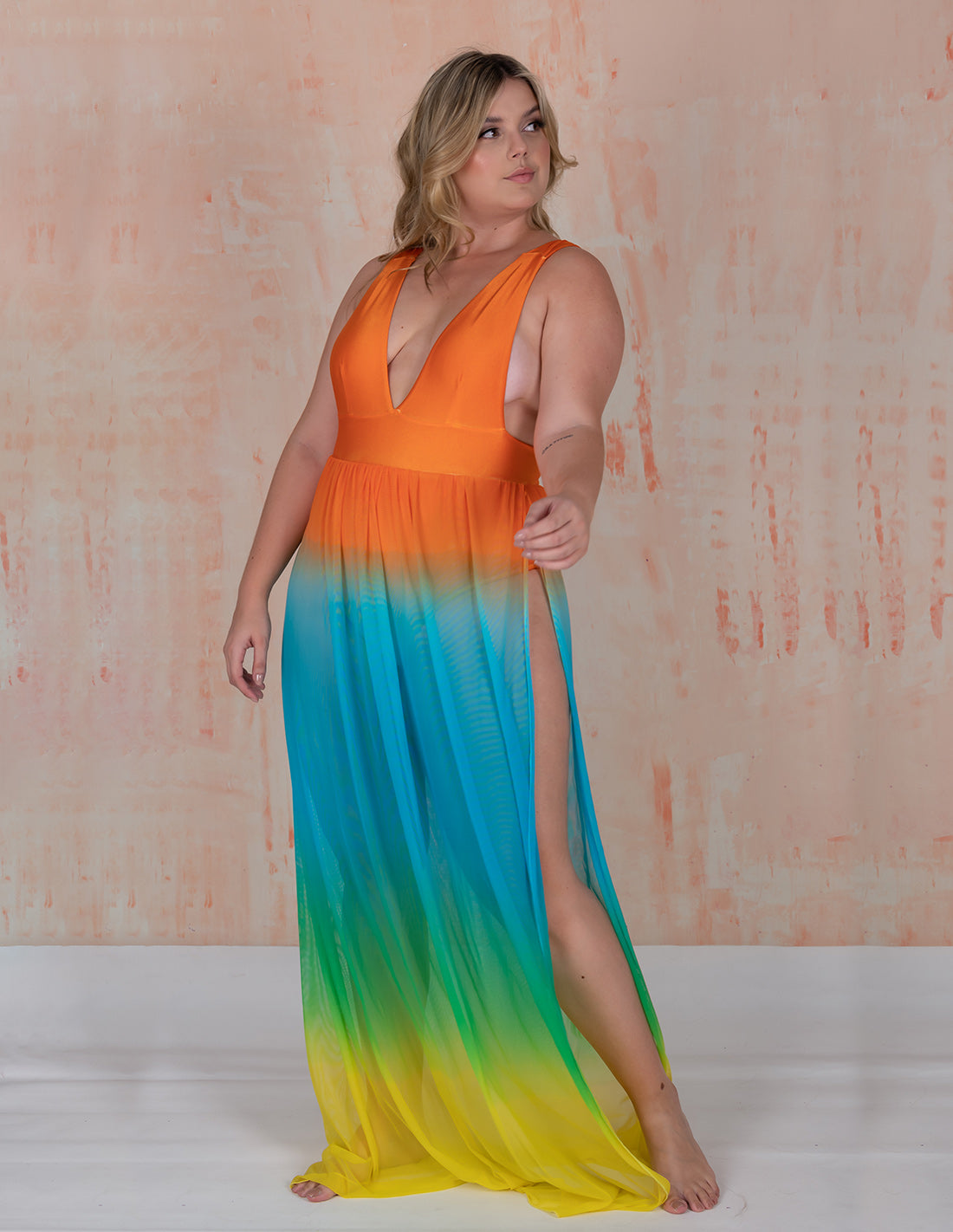 New Coralito Dress Orange + Blue + Green + Yellow. Hand-Dyed Dress In Orange + Blue + Green+ Yellow. Entreaguas