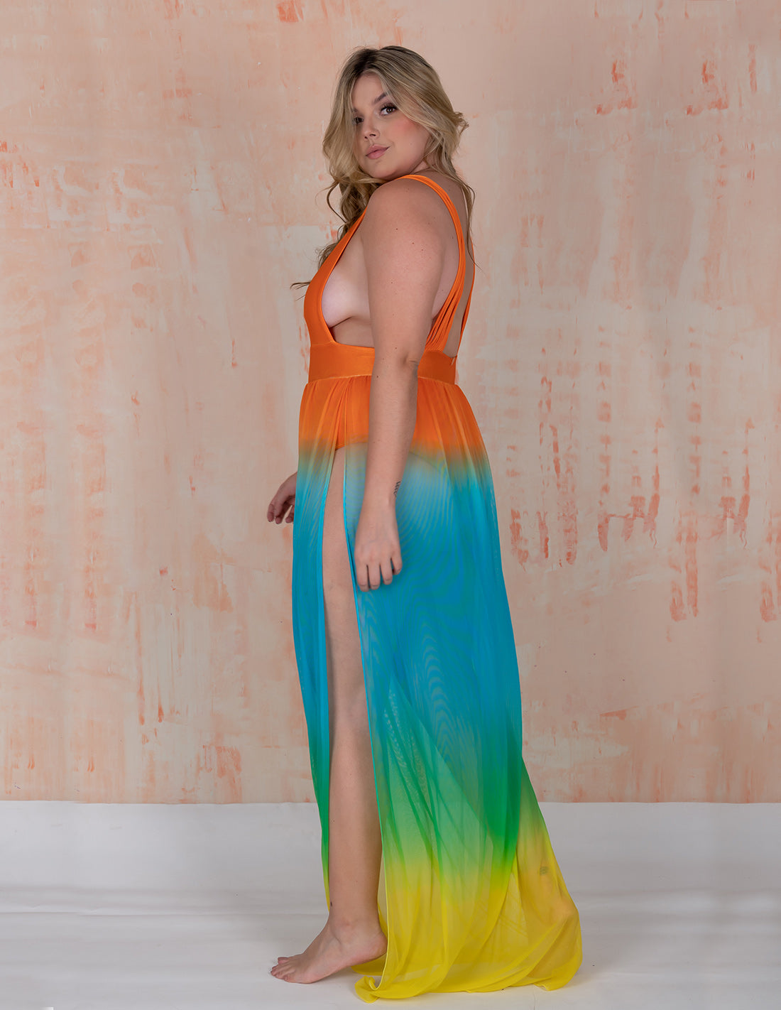 New Coralito Dress Orange + Blue + Green + Yellow. Hand-Dyed Dress In Orange + Blue + Green+ Yellow. Entreaguas