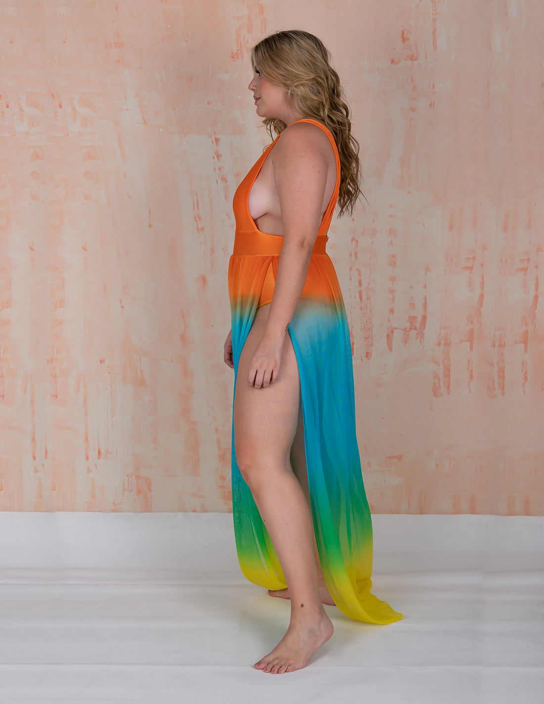 New Coralito Dress Orange + Blue + Green + Yellow. Hand-Dyed Dress In Orange + Blue + Green+ Yellow. Entreaguas