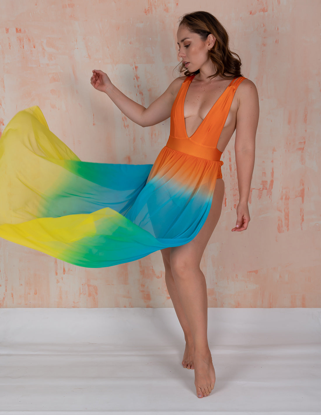 New Coralito Dress Orange + Blue + Green + Yellow. Hand-Dyed Dress In Orange + Blue + Green+ Yellow. Entreaguas