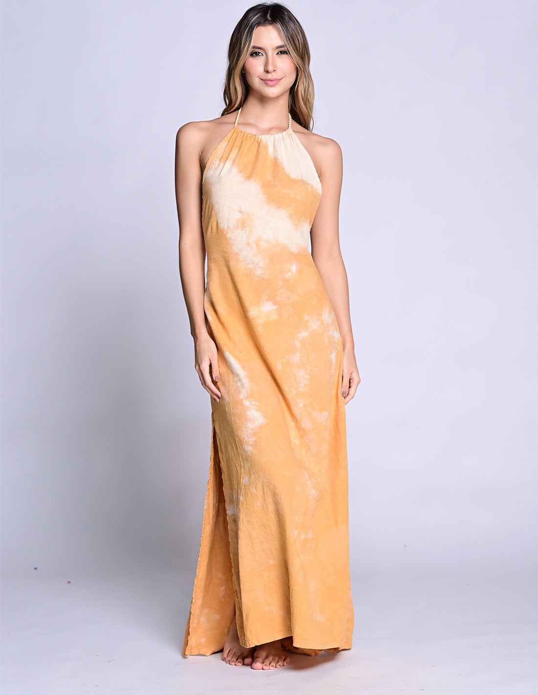 Dawn Dress Hand Dyed Sun Brown. Hand-Dyed Dress With Hand Woven Macramé In Hand Dyed Sun Brown. Entreaguas
