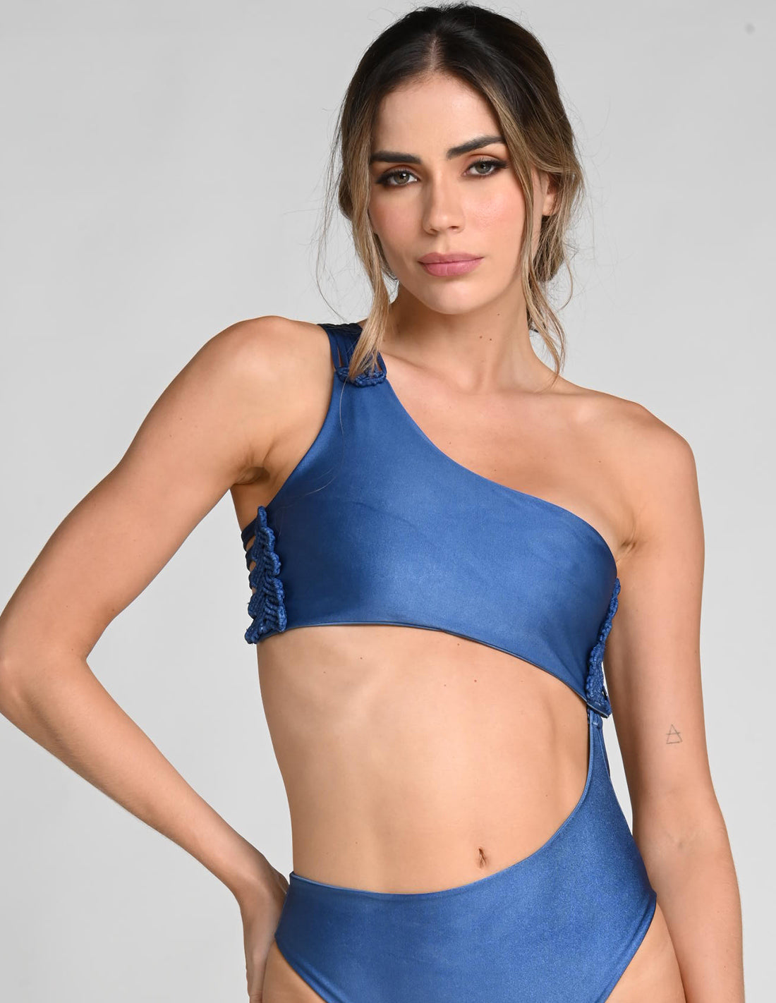 Galilea Top Blue Stone + Night Blue. Hand-Dyed Bikini Top With Hand Woven Macramé In Blue Stone + Night Blue