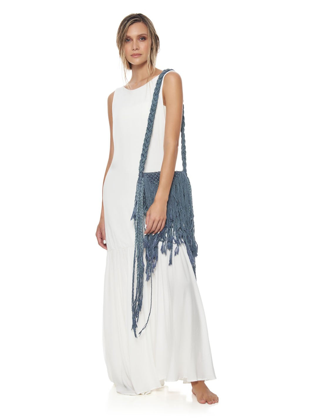 Masai Woven Bag Sky. Woven Bag With Hand Woven Macramé In Sky. Entreaguas