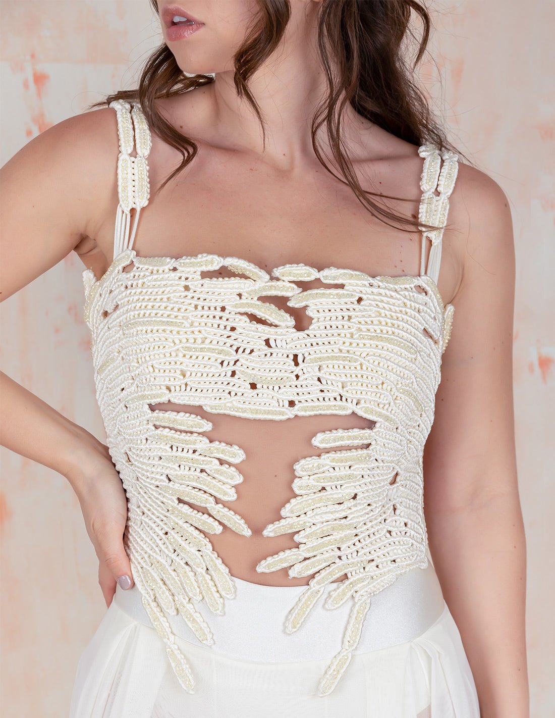 Divine Glow Dress Ivory. Dress With Hand Woven Macramé In Ivory. Entreaguas