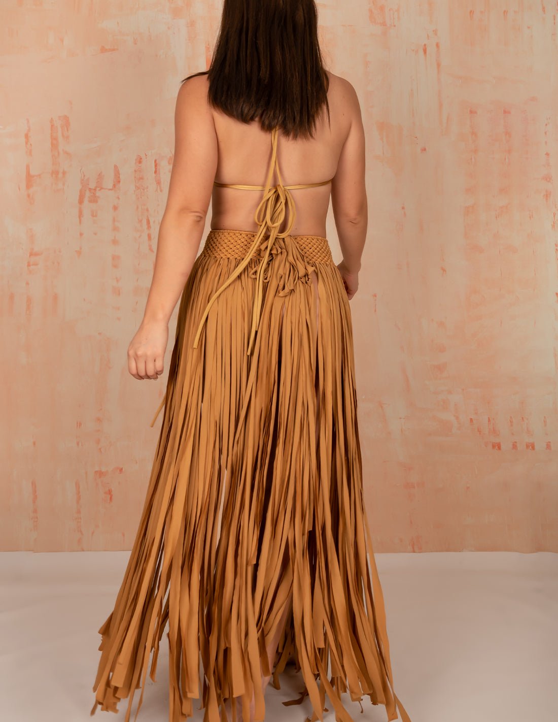 Flow Skirt Golden. Hand-Dyed Beach Skirt With Hand Woven Macramé In Golden. Entreaguas
