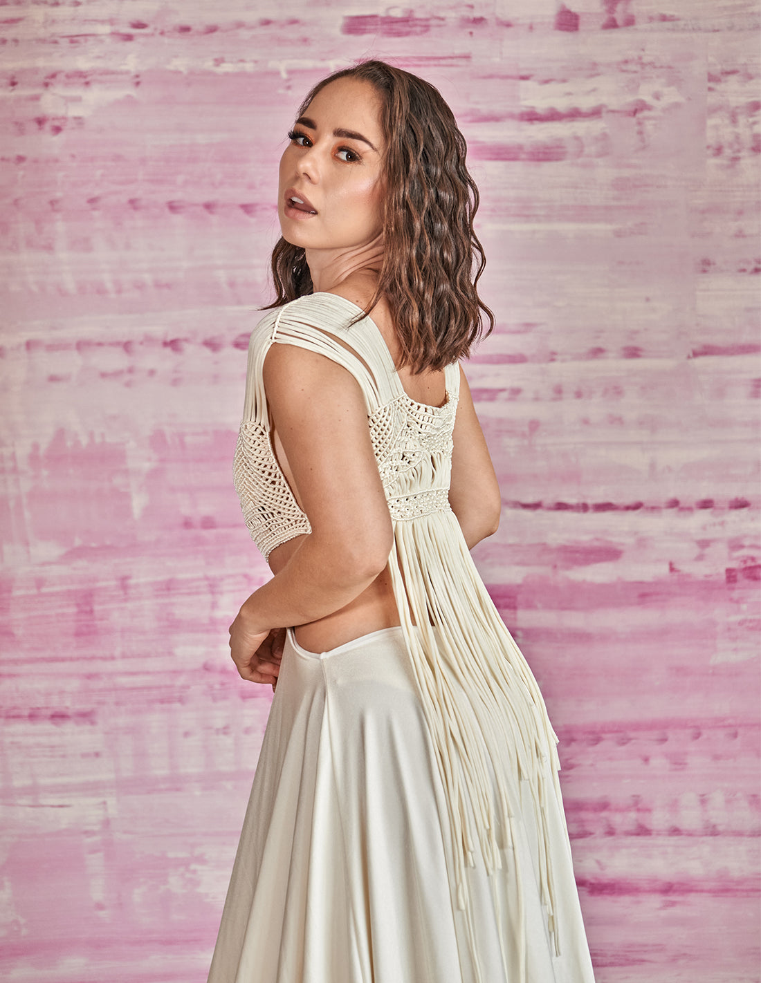 Afelio Dress Ivory. Dress With Hand Woven Macramé In Ivory. Entreaguas