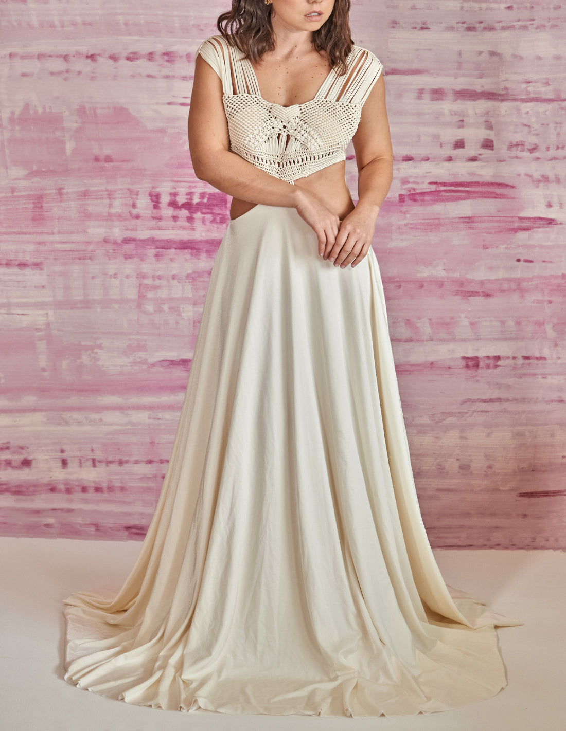 Afelio Dress Ivory. Dress With Hand Woven Macramé In Ivory. Entreaguas