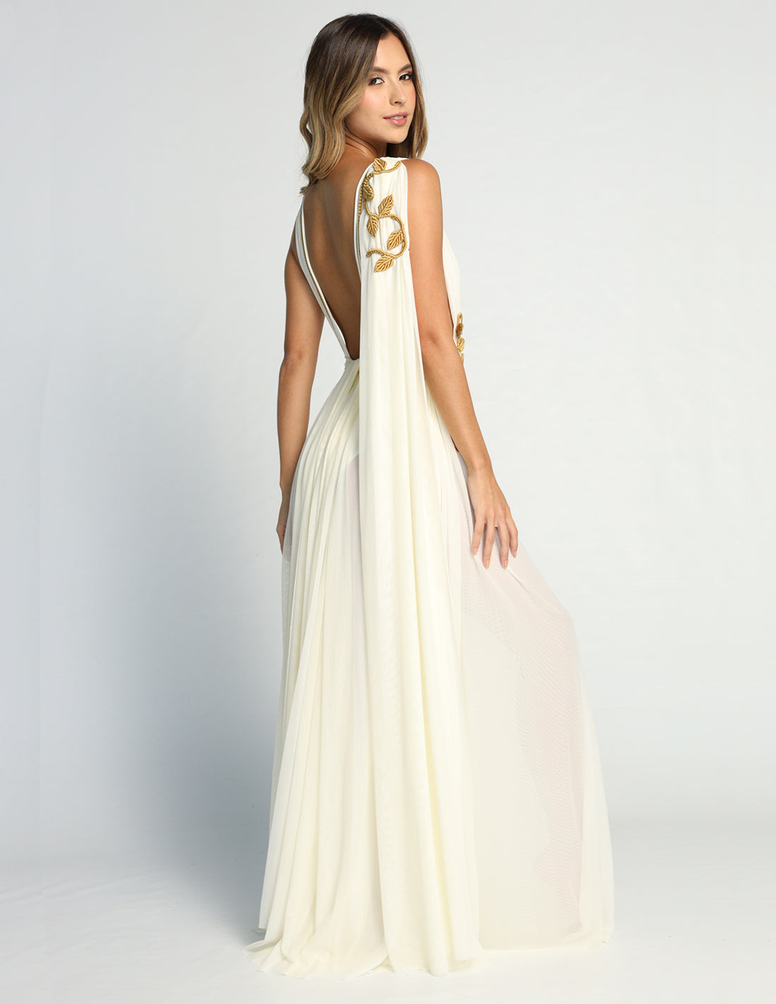 Copernico Dress Ivory + Gold. Hand-Dyed Dress With Hand Woven Macramé In Ivory + Gold. Entreaguas