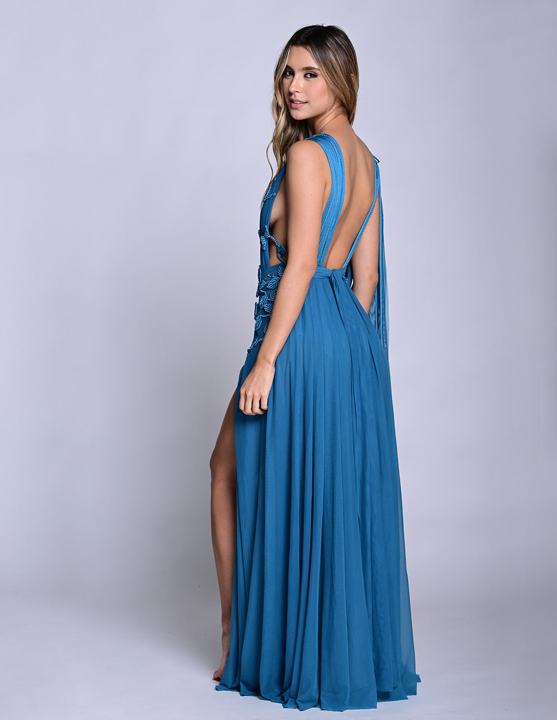 Copernico Dress Oil Blue. Hand-Dyed Dress With Hand Woven Macramé In Oil Blue