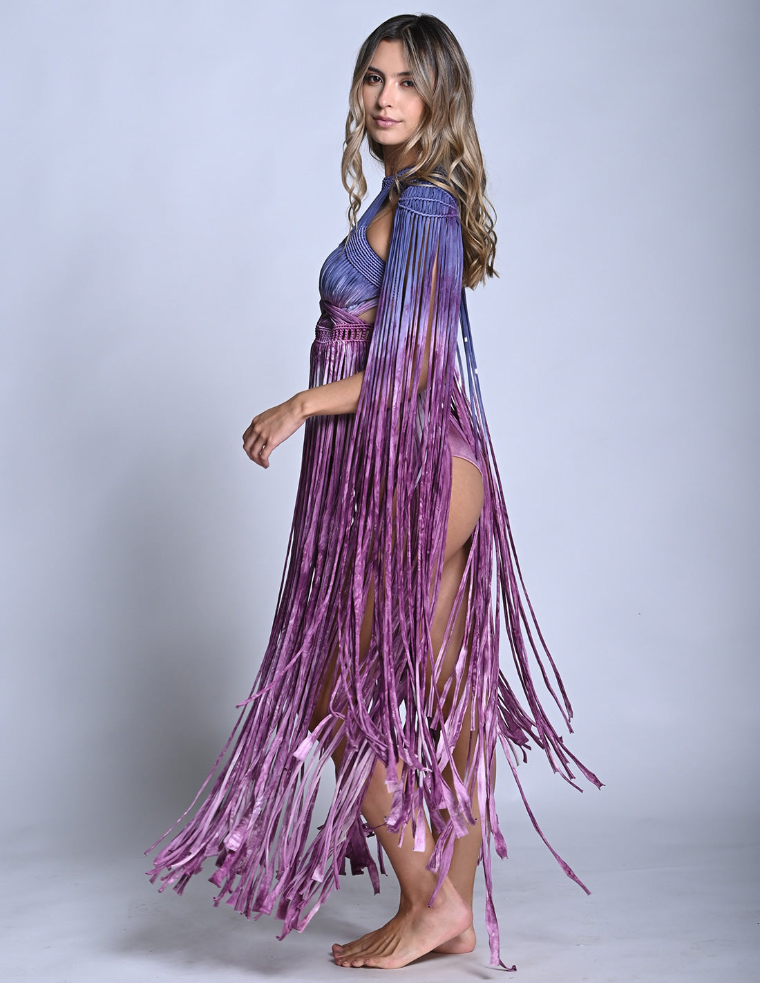 Cadere Dress Ultra Violet + Magenta Hand Dyed. Hand-Dyed Dress With Hand Woven Macramé In Ultra Violet + Magenta Hand Dyed