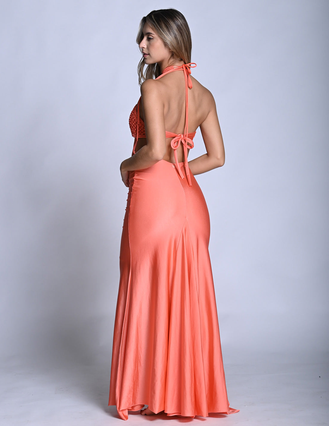 Kai Dress Salmon. Hand-Dyed Dress With Hand Woven Macramé In Salmon