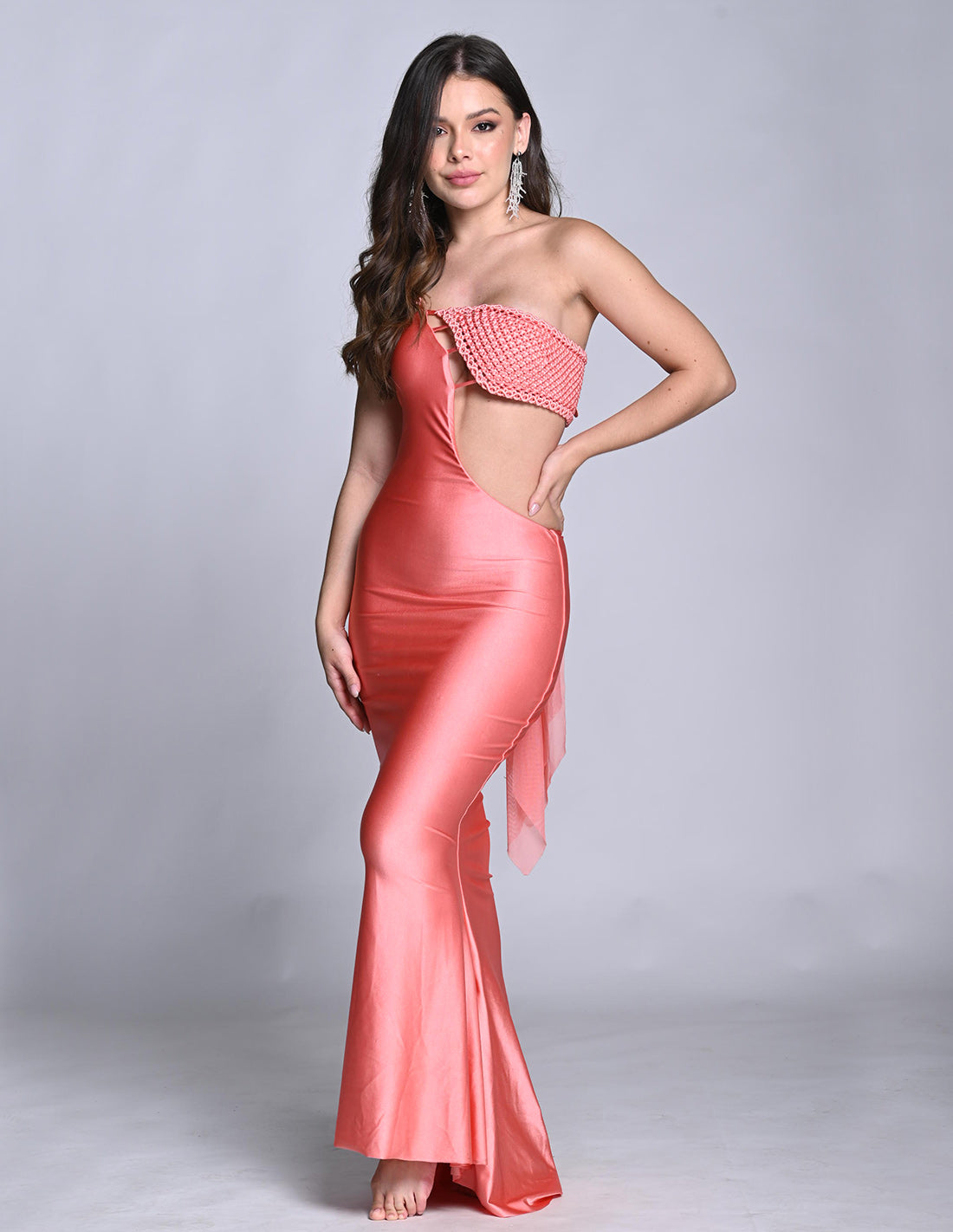 Kesha Dress Salmon. Hand-Dyed Dress With Hand Woven Macramé In Salmon
