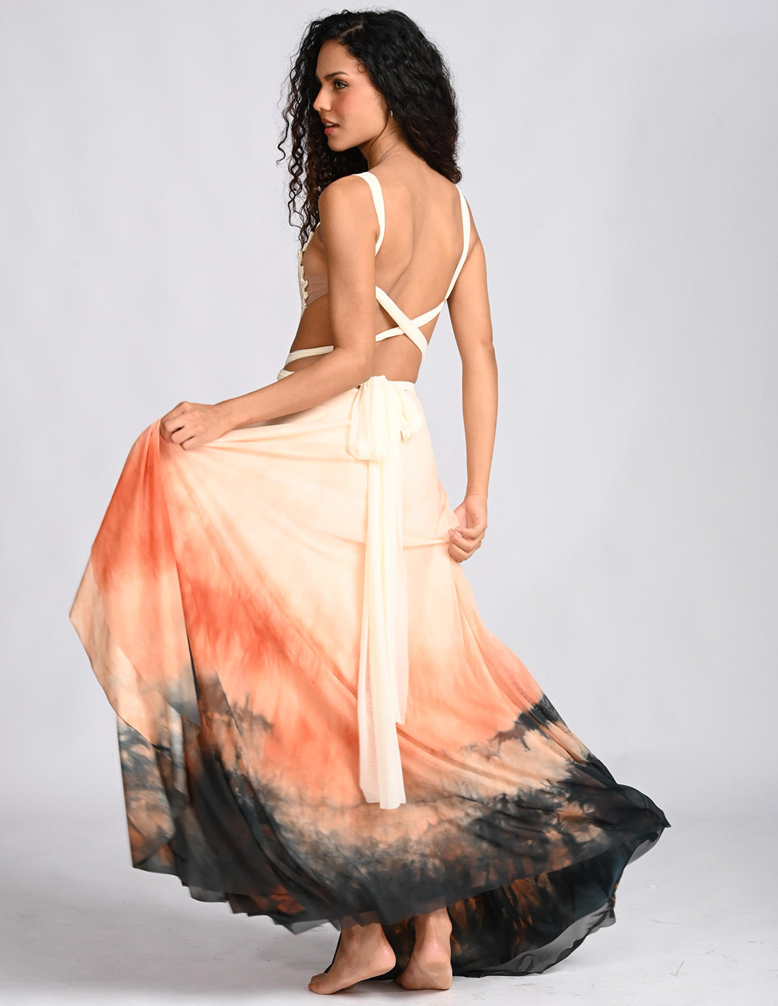 Feather Dress Spotted Ochre + Blue. Hand-Dyed Dress With Hand Woven Macramé In Spotted Ochre + Blue