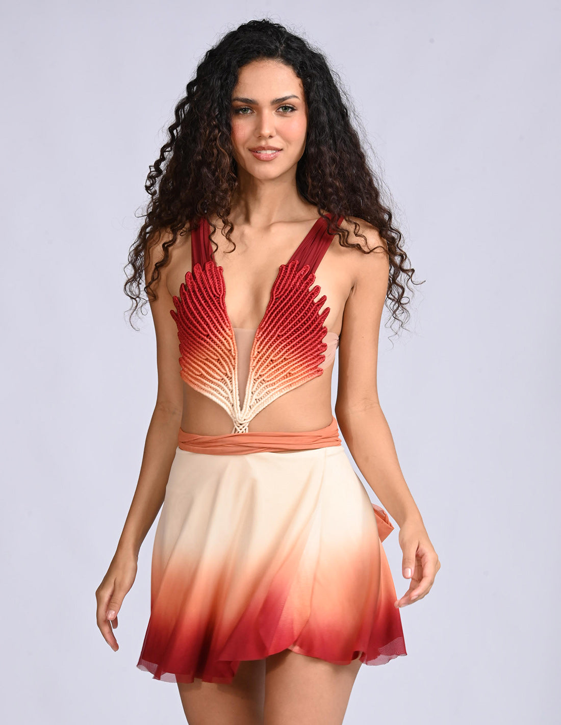 Feather Mini Dress Ivory + Ochre + Burgundy. Hand-Dyed Dress With Hand Woven Macramé In Ivory + Ochre + Burgundy