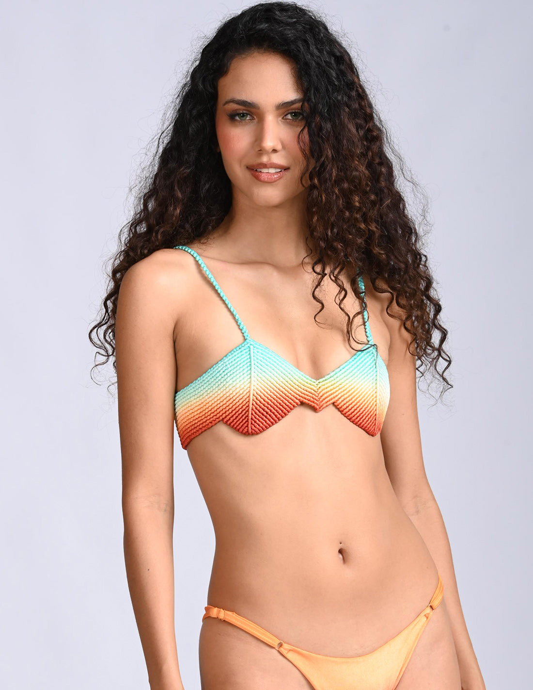 Picchi Crop Top Turquoise + Ochre + Burgundy. Hand-Dyed Crop Top With Hand Woven Macramé In Turquoise + Ochre + Burgundy