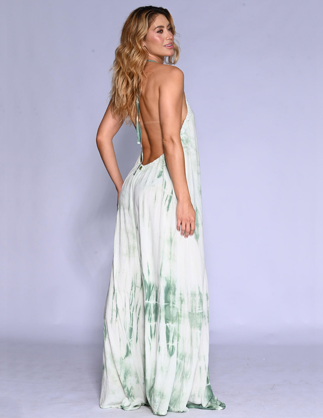 Nira Jumpsuit Spotted Green Stone. Hand-Dyed Jumpsuit In Spotted Green Stone