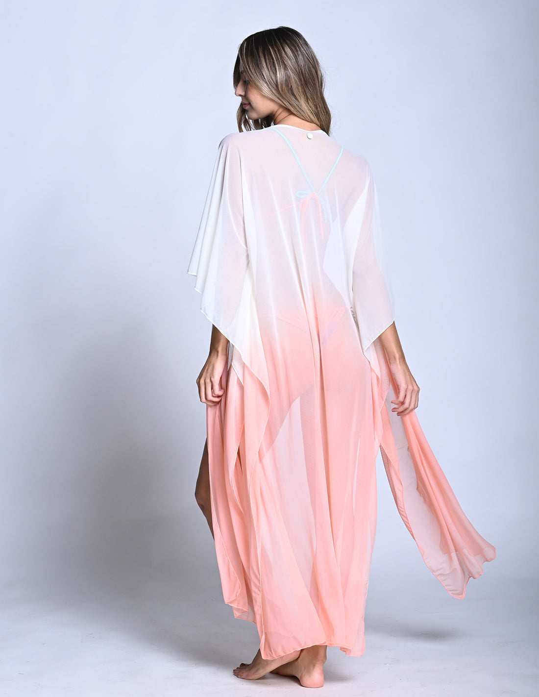 Fly Kimono Ivory + Salmon Flower. Hand-Dyed Kimono In Ivory + Salmon Flower