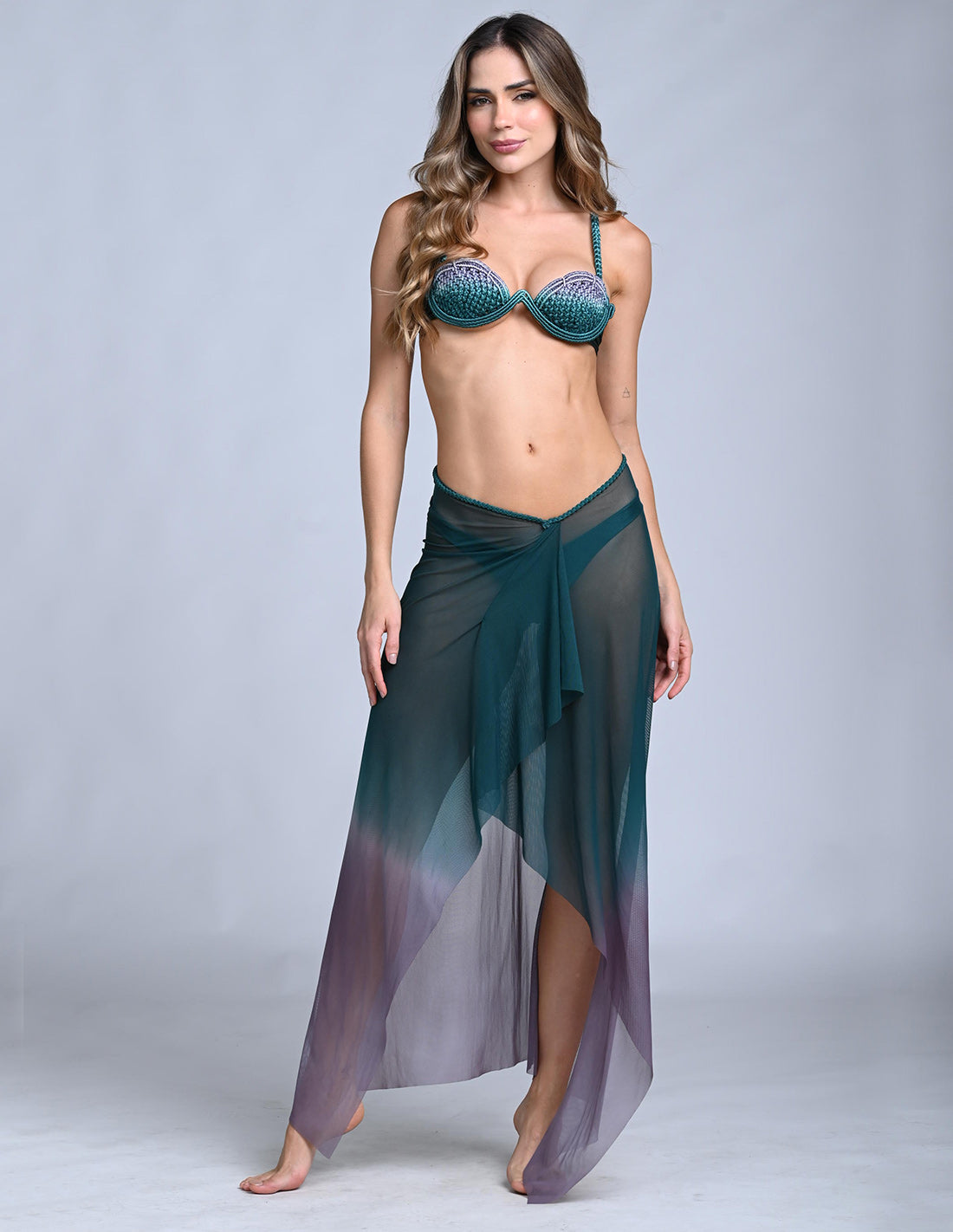 Tera Skirt Gray + Boreal Green. Hand-Dyed Skirt With Hand Woven Macramé In Gray + Boreal Green