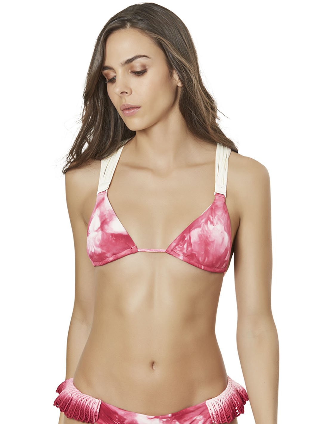 hand dyed triangular bikini top with macrame in spotted burgundy octopus est013718 1