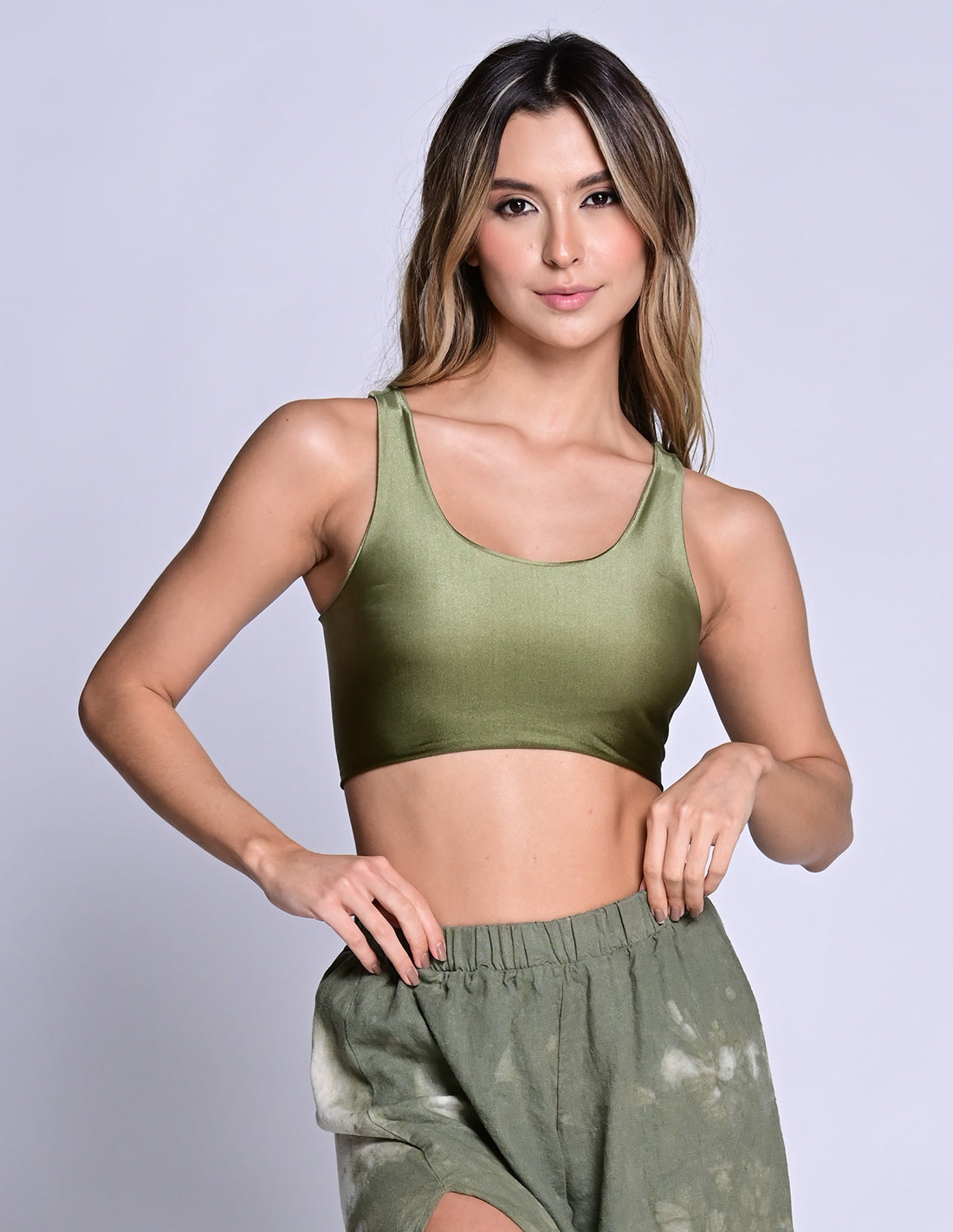 Hebe Crop Top Faded Army Green. Hand-Dyed Crop Top In Faded Army Green