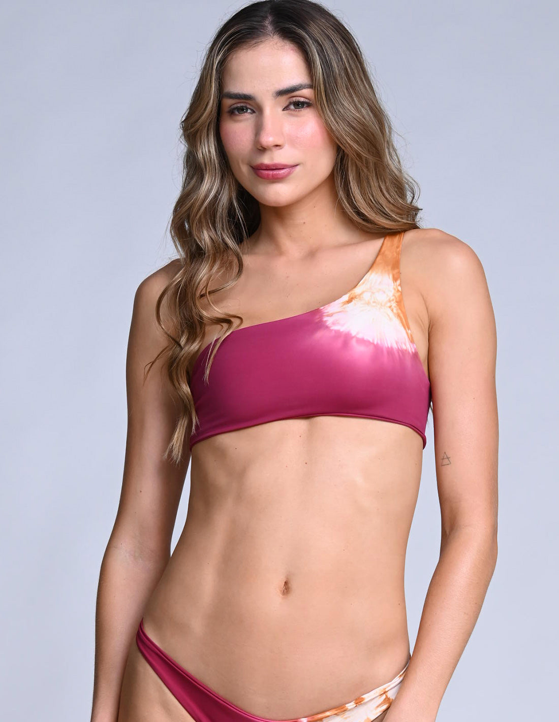 Nira Top Spotted Burgundy + Honey. Hand-Dyed Bikini Top In Spotted Burgundy + Honey