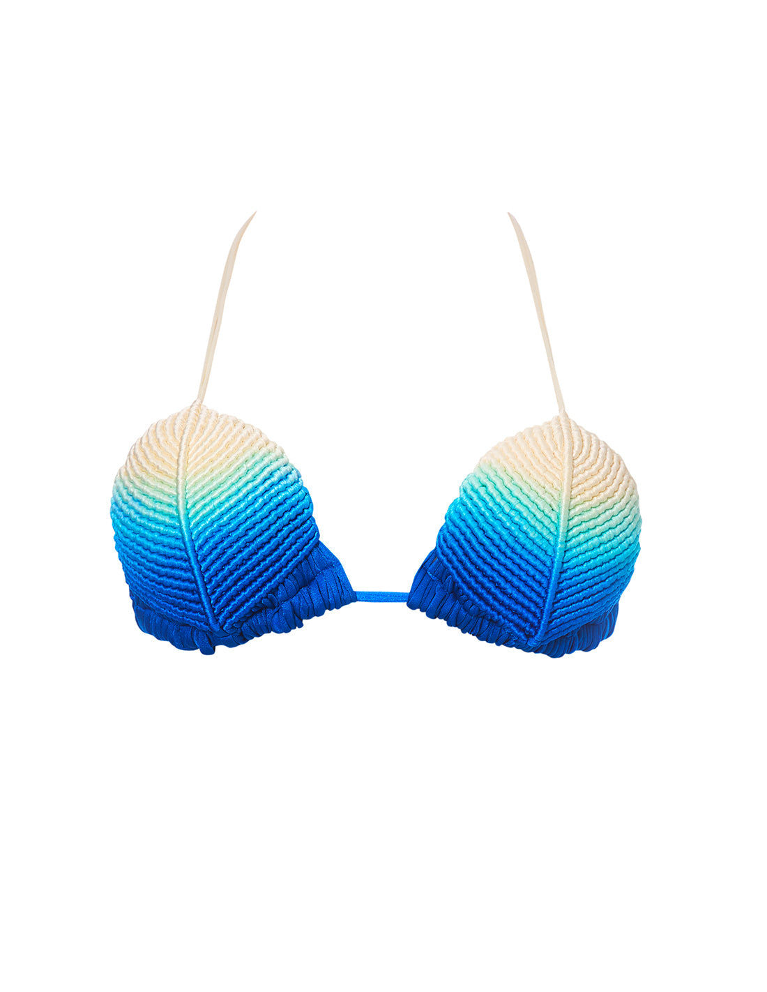 Shells Top Ivory + Turquoise + King Blue. Hand-Dyed Bikini Top With Hand Woven Macramé In Ivory + Turquoise + King Blue