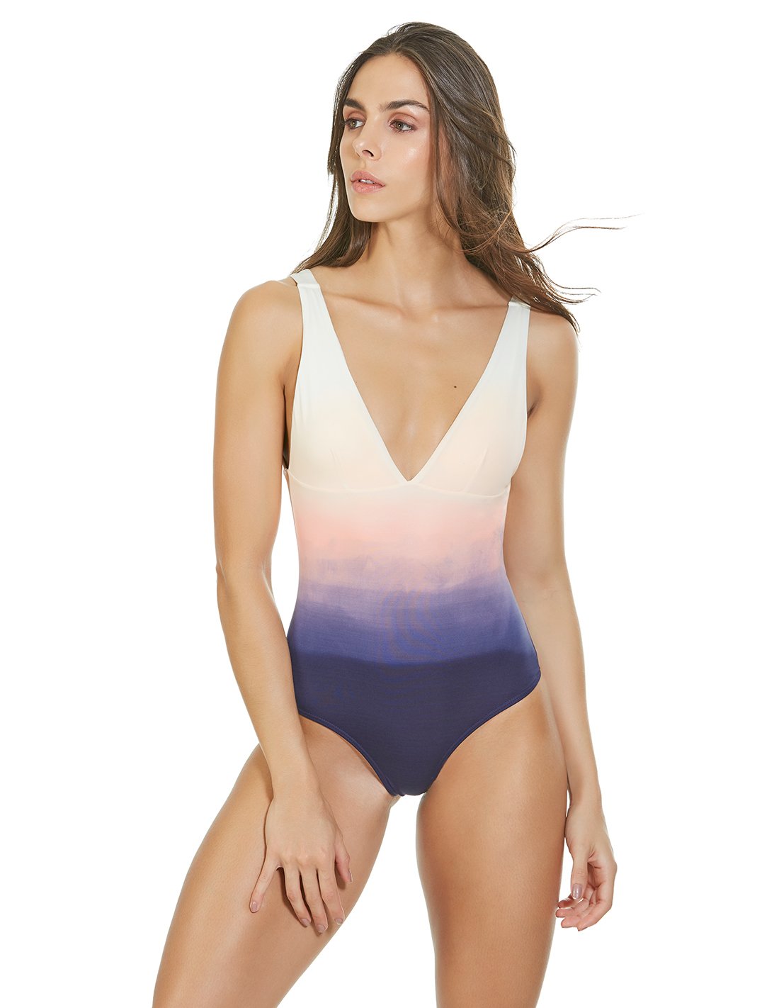 Cosmos 1 One Piece. Hand-Dyed V Neck One Piece Swimsuit In Ivory+Salmon+Dark Purple. Entreaguas