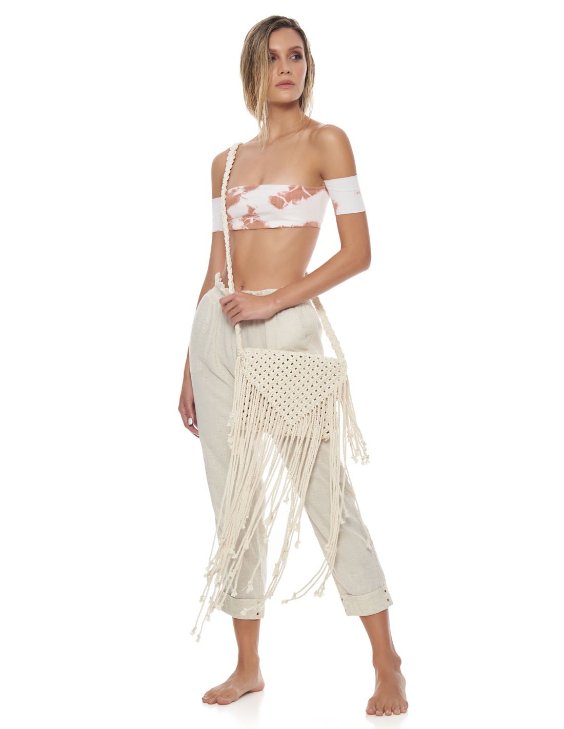 Masai Woven Bag Ivory. Woven Bag With Hand Woven Macramé In Ivory. Entreaguas