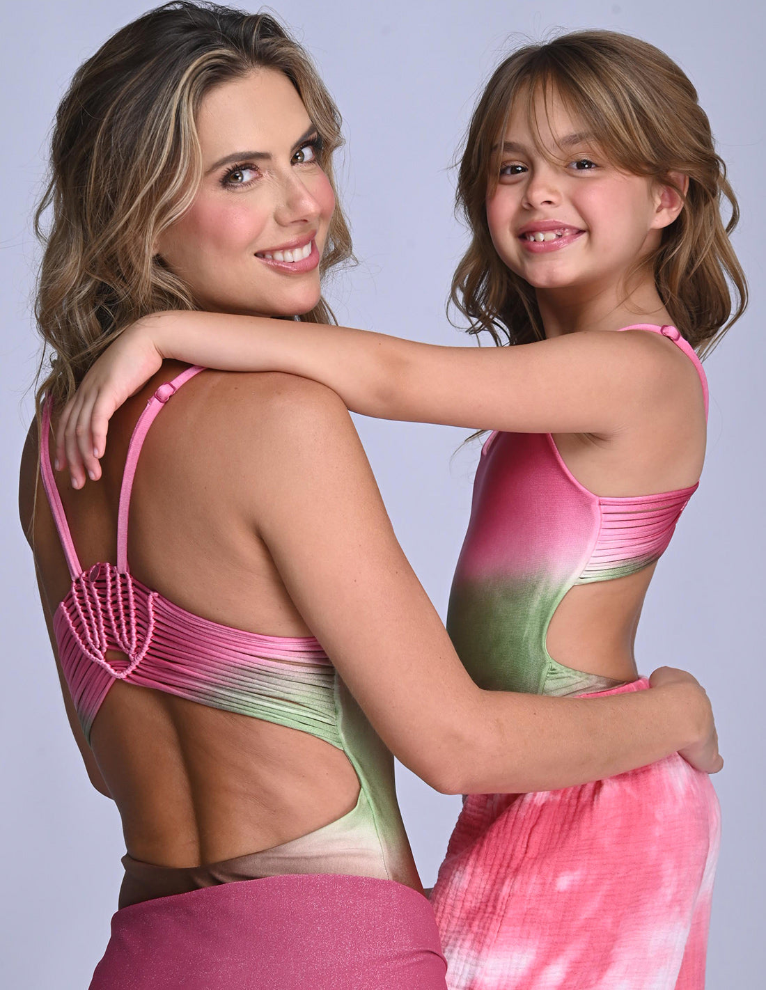Sunreef One Piece Rose + Green + Brown. Hand-Dyed One Piece Swimsuit With Hand Woven Macramé In Rose + Green + Brown