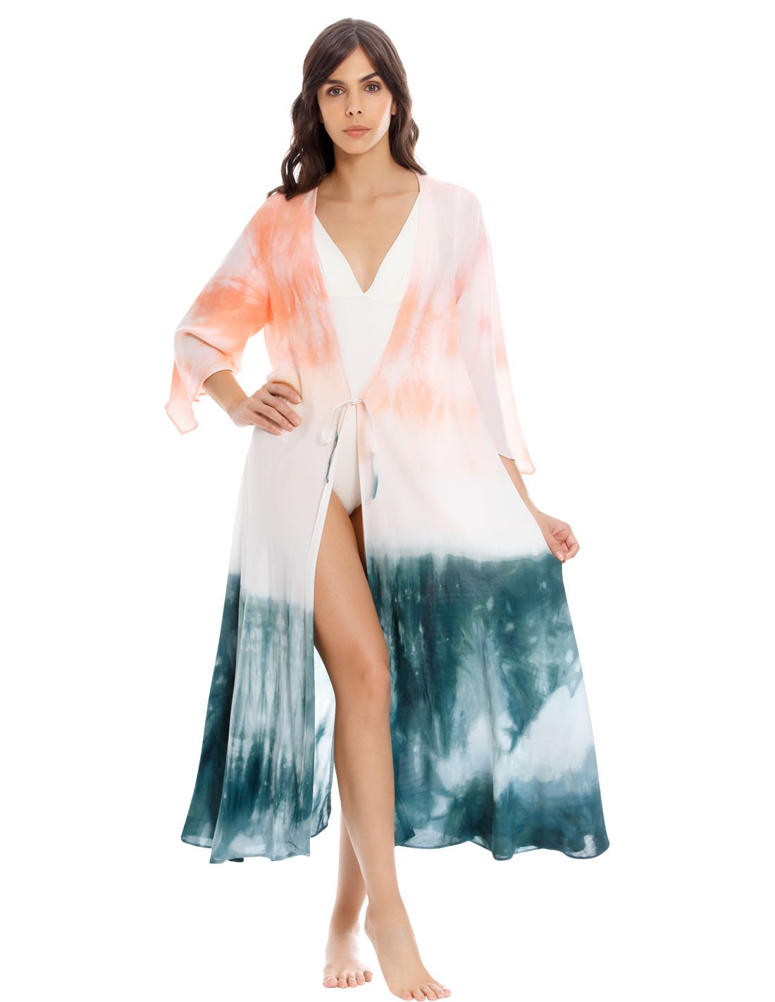 Earth Kimono. Hand-Dyed Beach Kimono In Spotted Peach+Ivory+Navy. Entreaguas